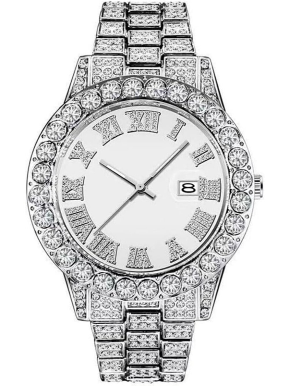 Men's All Silver Analog Crystal Rhinestone Diamond Iced-Out Bracelet Wrist Watch